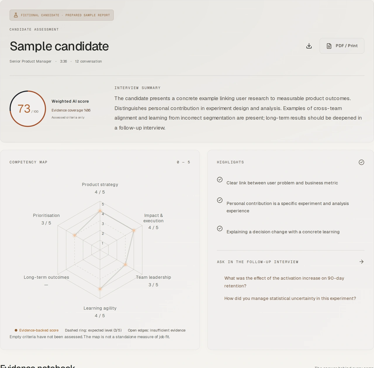 HAN evidence assessment with criteria and transcript references using fictional data