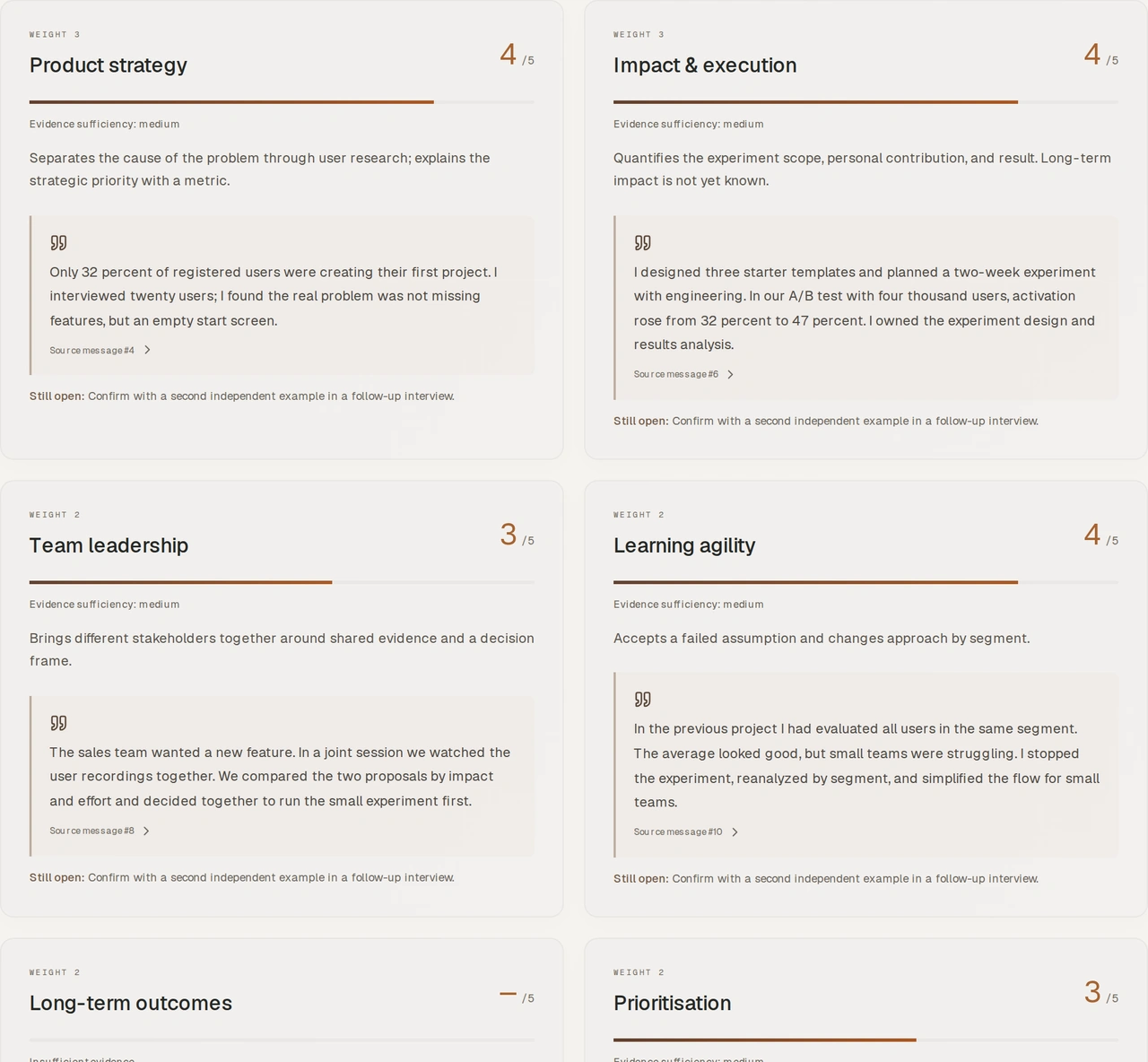 Criterion assessments remain connected to transcript sources.