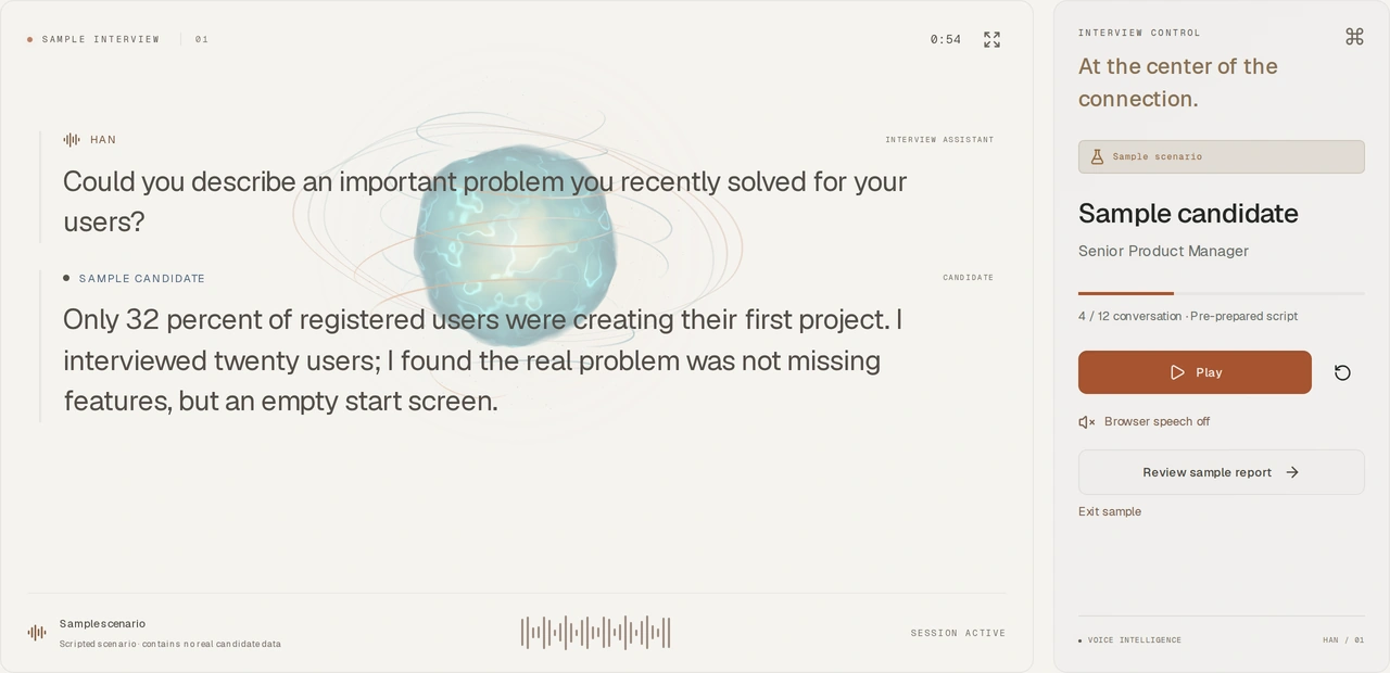 HAN conversation workspace showing a fictional sample interview